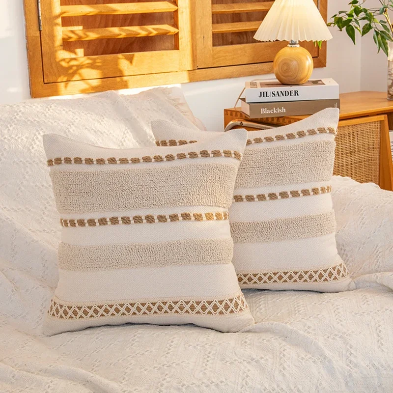 Bohemia Woven Cushion Cover Handmade Tassels Patchwork Pillow Cover Decorative Oat Colored Geometric Tufted Pillowcase Home Sofa