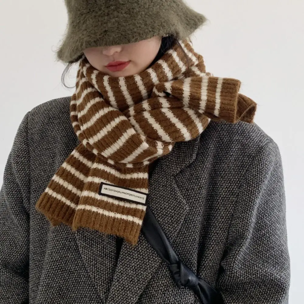 Vintage Warm Winter Scarf Soft Striped Woolen Long Scarves Thickened Knitted Shawl Wrap Women