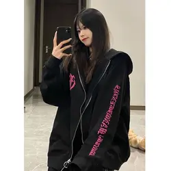 Kawaii Pink Letters Woman Clothing Oversized Zip Hoodies High Street Hip Hop Hot Girl Hooded Shirt Goth Grunge 2000s Y2k Hoodies