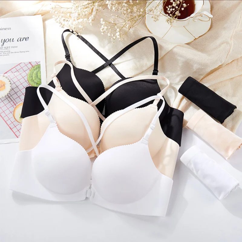 Simple front button cross-beautiful sexy lingerie for women without steel ring back comfortable thick cup backless bra bra bra