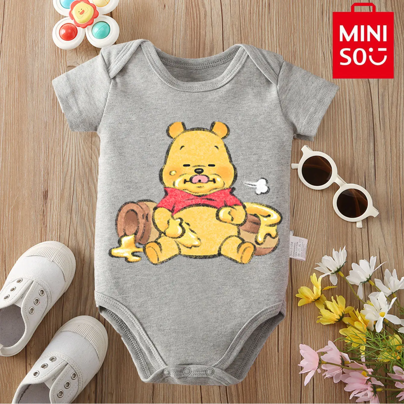 

MINISO Винни-Пух Винни Роу с принтом поросенка, боди из 100% хлопка для малышей, комбинезон-комбинезон для новорожденных от 0 до 12 месяцев