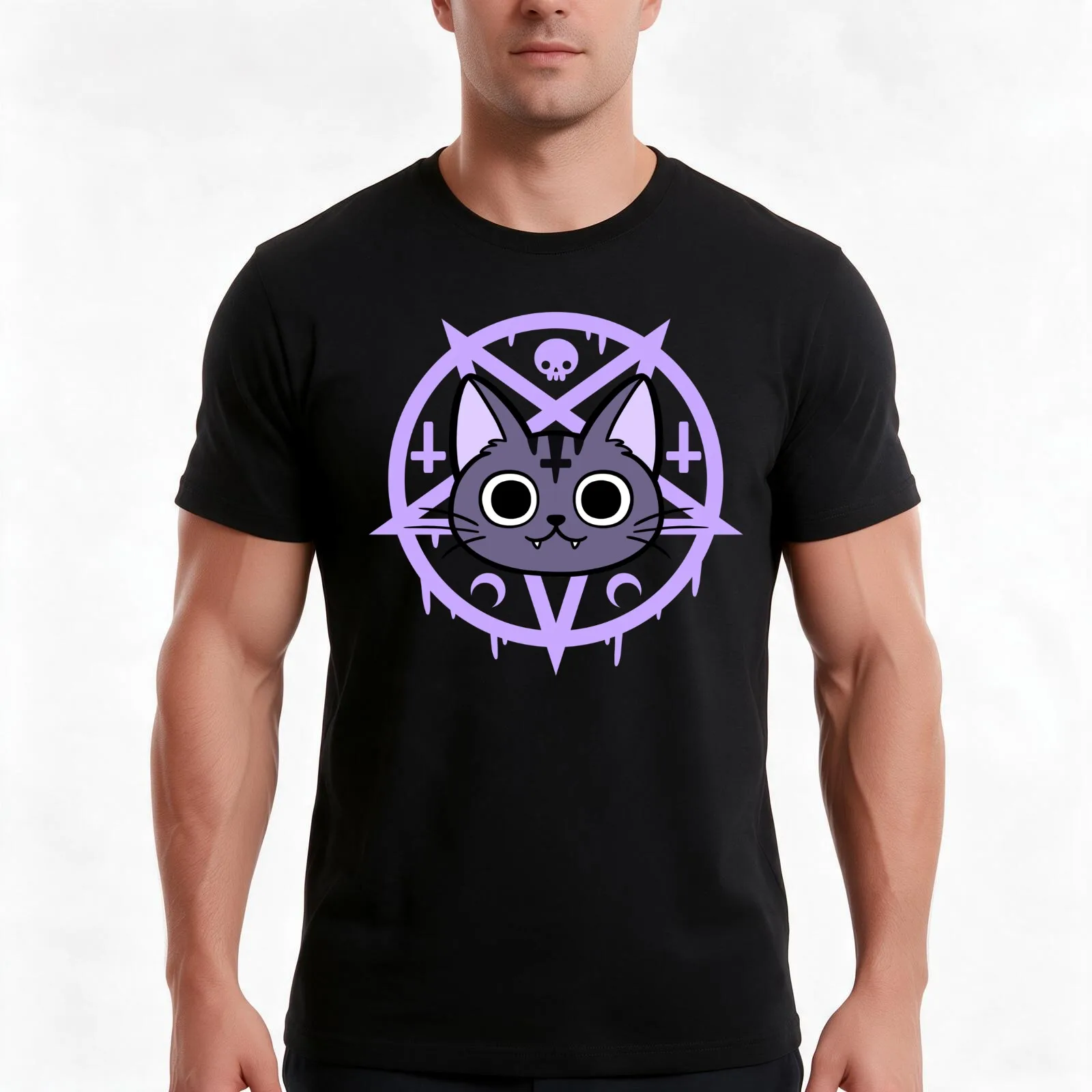 Black Meowgic 03 | Nikury T-Shirt, Summer Casual Cotton Tee, Oversized Streetwear Tops, Vintage Graphic Print, Unisex Men Women