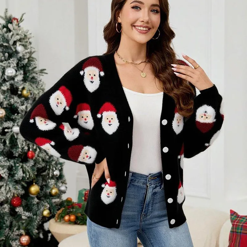 Santa Claus Jacquard Sweater Cardigan Women Christmas Clothing Long Sleeve V-neck Single Breasted Knitted Coat Autumn Winter New