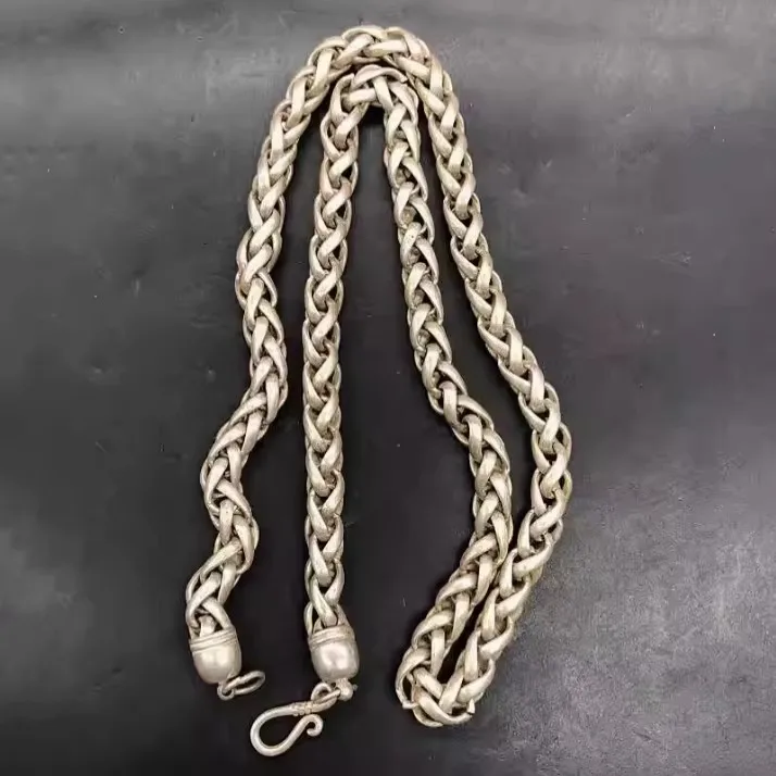 21.8inch Exquisite Old Chinese Tibet Silver Handmade Weave Necklace Crafts