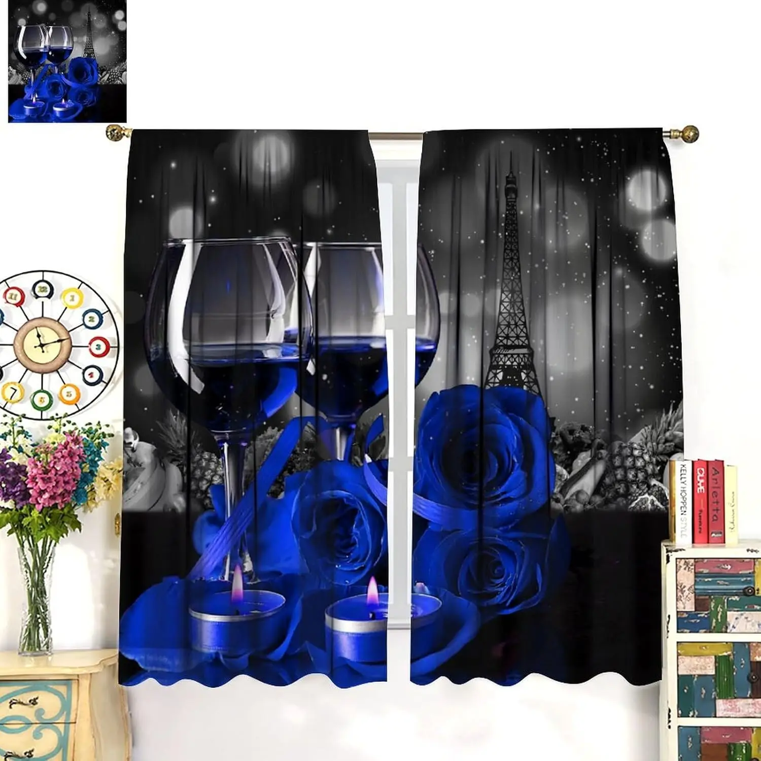Wine Rose Curtains for Kitchen,Dark Love Romance Fruit & Vegetable Paris Tower Snowflake Blue Candle Rose Flower Wine Glasses