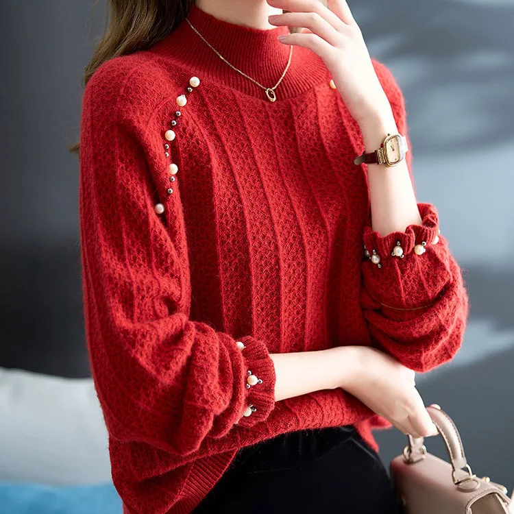 2026 Early Autumn New Product Elegant Design Beaded Semi-turtleneck Bottoming Shirt with Casual Pullover Long-sleeved Sweater