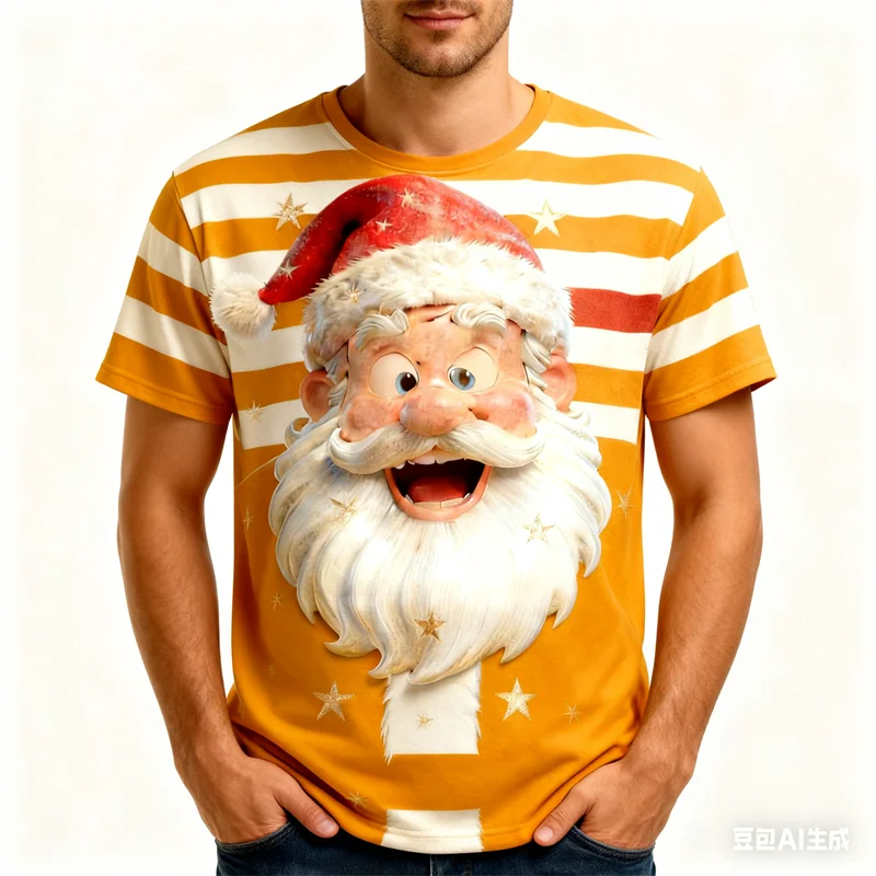 

3D Colorful Stripes Santa Claus Pattern Printed T-shirt For Men New Year Christmas Party Casual O-neck Loose Short Sleeve Tops