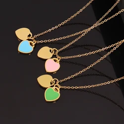 18k Gold Plated Stainless Steel Enamel Love Double Heart Pendant Necklace For Women Chain Choker Friendship Jewelry Wholesale