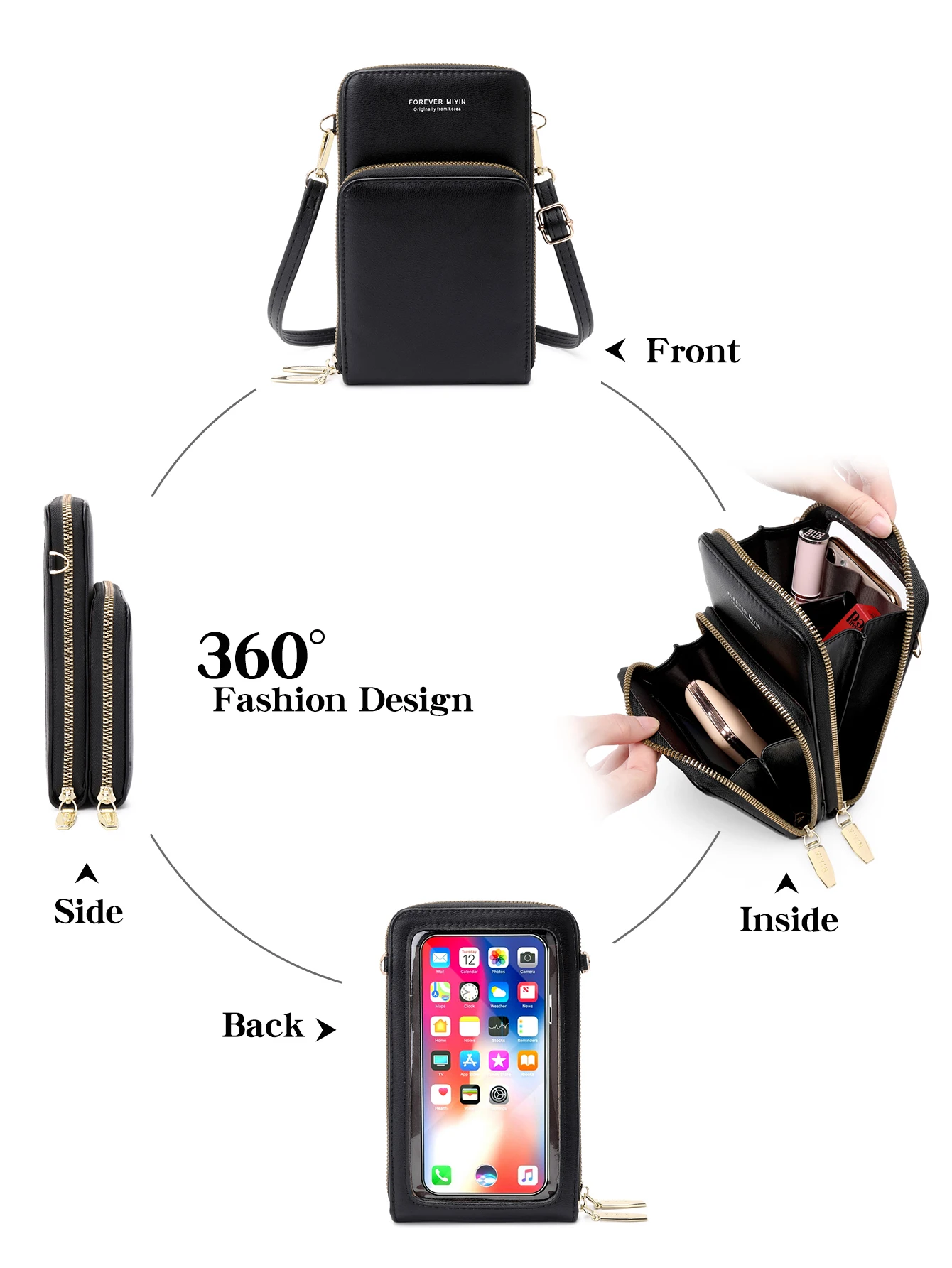 New Soft Leather Touch Screen Phone Bag Double Layer Solid Color Crossbody Shoulder Strap Handbag Large Capacity Coin Wallet