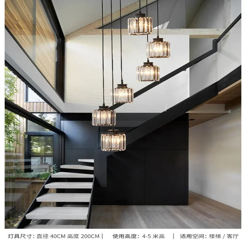 Duplex Staircase Ceiling or Pendant Install for Villa Living Room De E27 Round Glass 6/9 Heads Modern Crystal Gold/Black Body