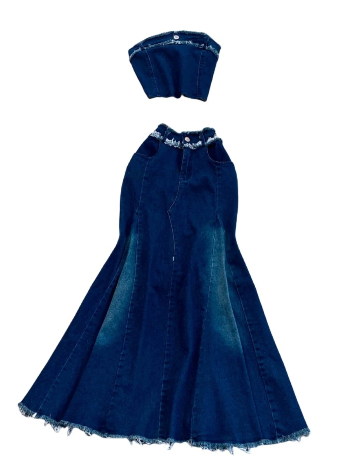 Women Denim Strapless Tops  + High Waist Jeans Long Skirt Clothing  Sets