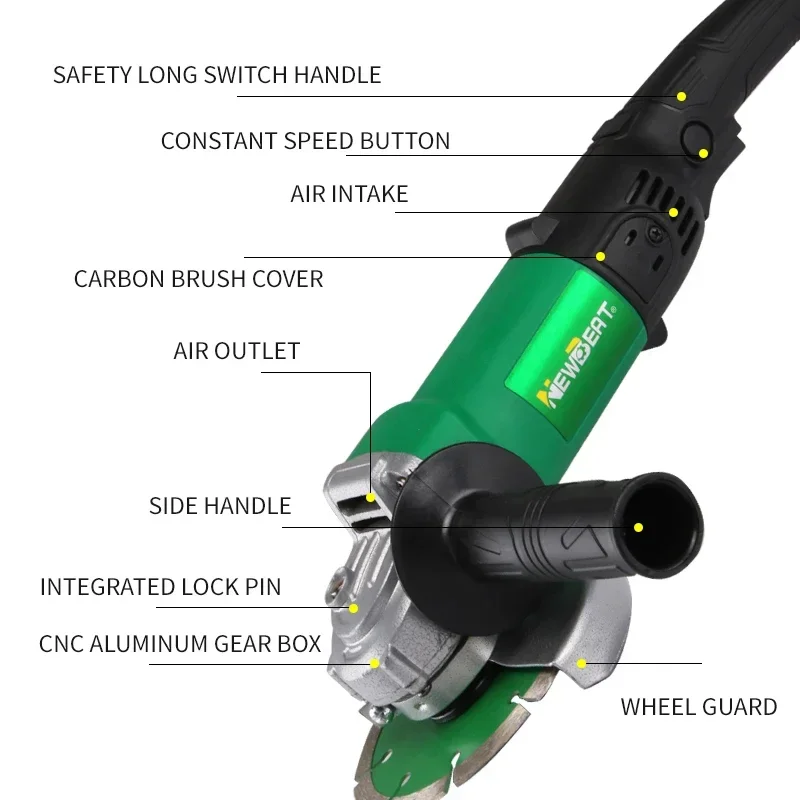 Newbeat-moedor de ângulo elétrico poderoso, 1000W, 12000rpm, NT-AG-125k, 125mm, 100k, lustrando, moendo, cortando