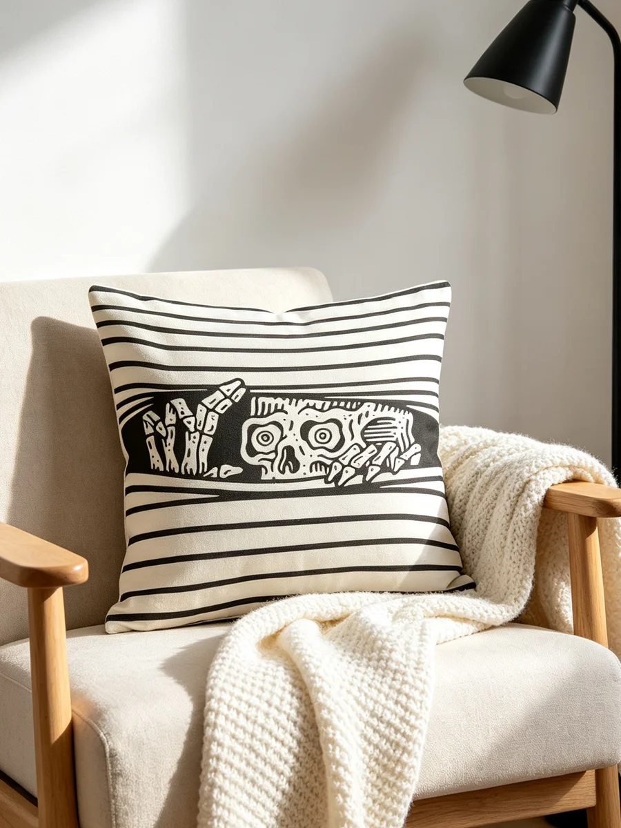 1PC Throw Pillow Cover,Striped Skeleton Print,Gothic Retro Style,For Sofa Couch Bedroom Home Decor
