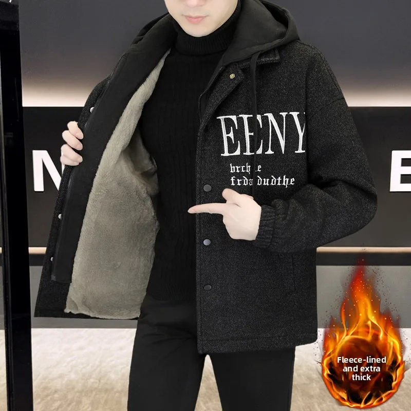 

Trendy Winter Thickened Fleece Lined Hooded Woolen Short Coat Casual Versatile Men's Clothing Fashionable Business Style