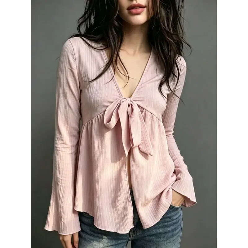 Women V Neck Bow Front Peplum Blouse Long Flare Sleeve Textured Fabric Loose Casual Spring Summer Shirt Tops
