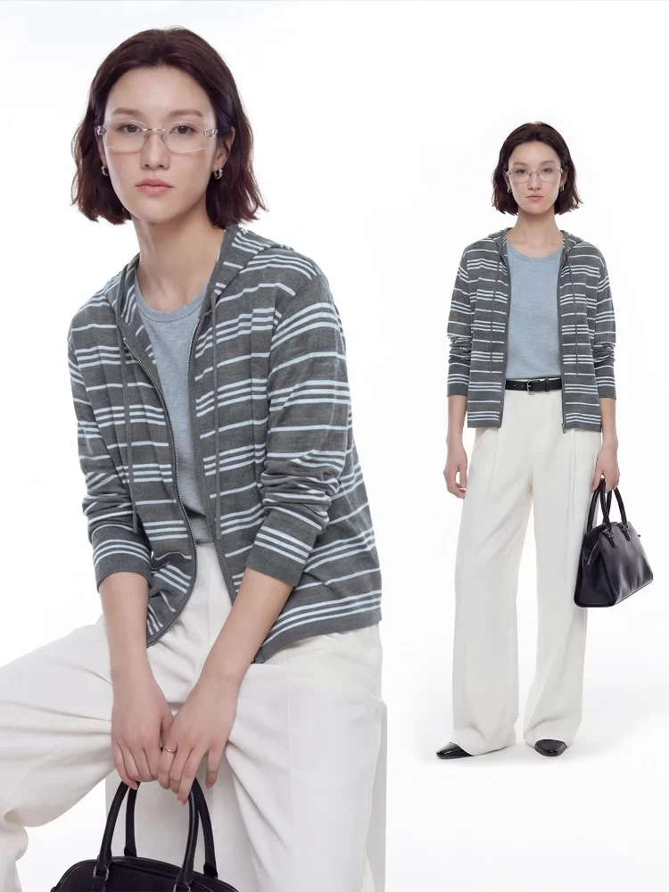 

Cloud Life Color Block Striped Hooded Knitted Open Cardigan Spring Loose Zipper Jacket Women's Casual Soft Viscose Polye...