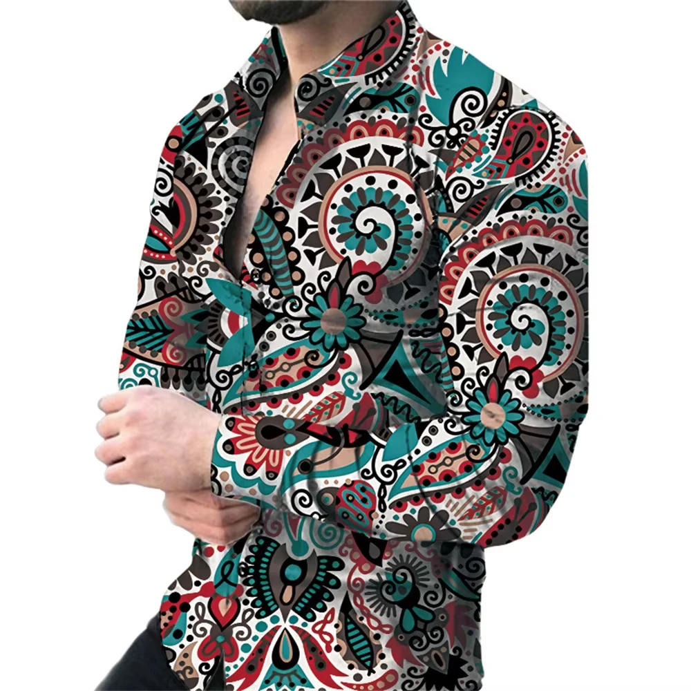 New Retro Men's Lapel Shirt Men's Exquisite Ethnic Print Slim Shirt New Fall Fashion Office Long-sleeved Blouse Elegant Shirt，