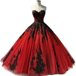 Red And Black Gothic Wedding Dresses Lace Appliques Sweetheart Neckline Strapless Sleeveless A-Line Customized Bridal Gown