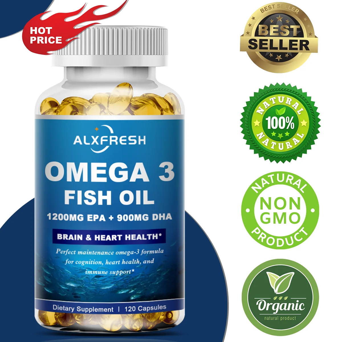 Alxfresh Wild Caught Omega 3 Fish Oil –3600mg EPA 1300mg DHA 900mg Dietery Supplement Supports Brain Health Easy Swallow Non-GMO