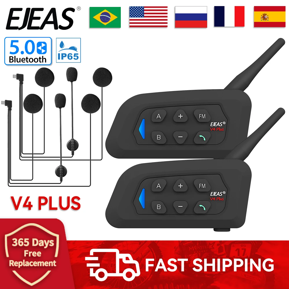 EJEAS V4 PLUS Motorcycle Helmet Intercom Bluetooth Headset Full Duplex Comunicador for 4 Riders Microphone Headphone Waterproof