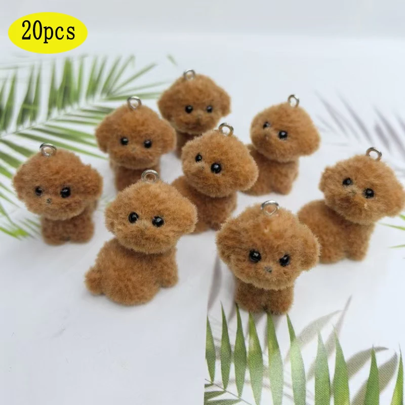 

20Pcs 3D Cute Flocking Brown Pit Bull Charms Cartoon Plush Animal Resin Pendant For Keychain Earring DIY Crafts Jewelry Make