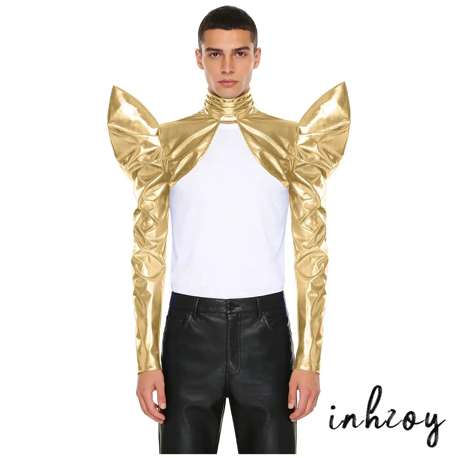 Bolero futurista para hombre, iridiscente metálico, de manga larga, cuello alto, con cremallera trasera abierta, estilo armadura, para fiestas de disfraces.