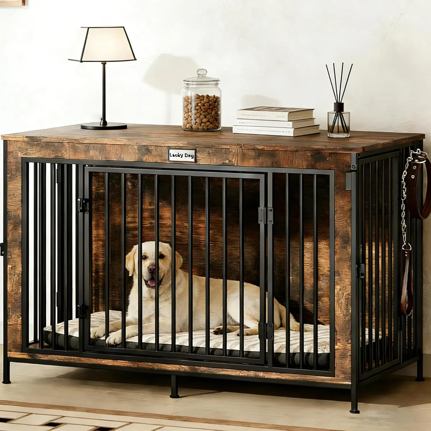 

XL Dog Crate Furniture 48'' | Extra Large Heavy Duty Anti-Chew Dog Kennel | Rustic Wooden