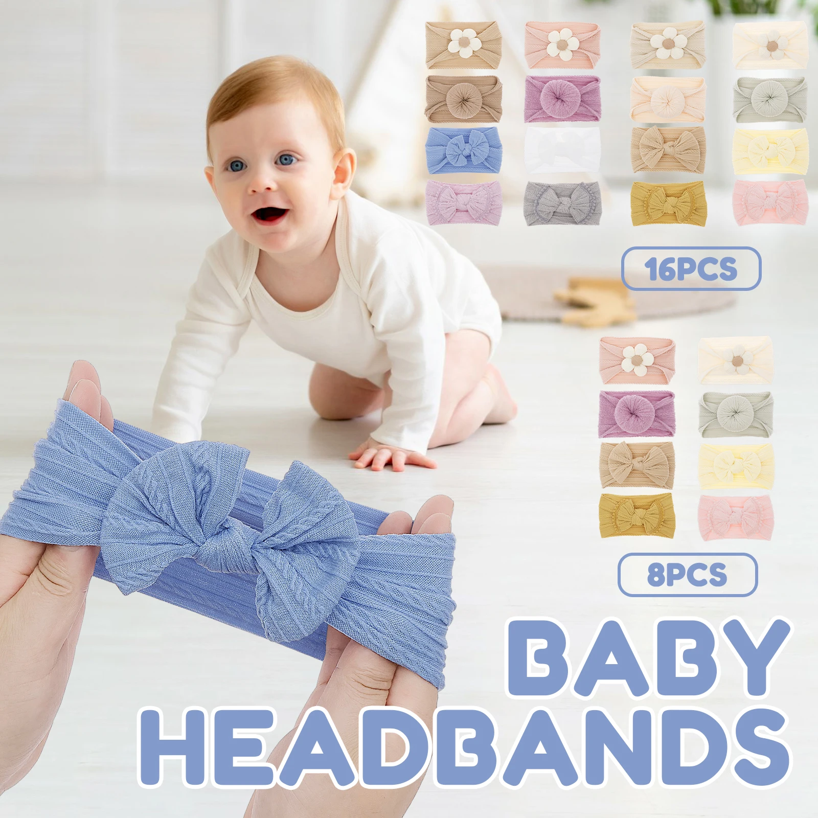 

8/16 шт. повязки на голову для маленьких девочек, эластичные нейлоновые повязки на голову для маленьких девочек, милые аксессуары для волос с бантом для новорожденных, малышей, детей