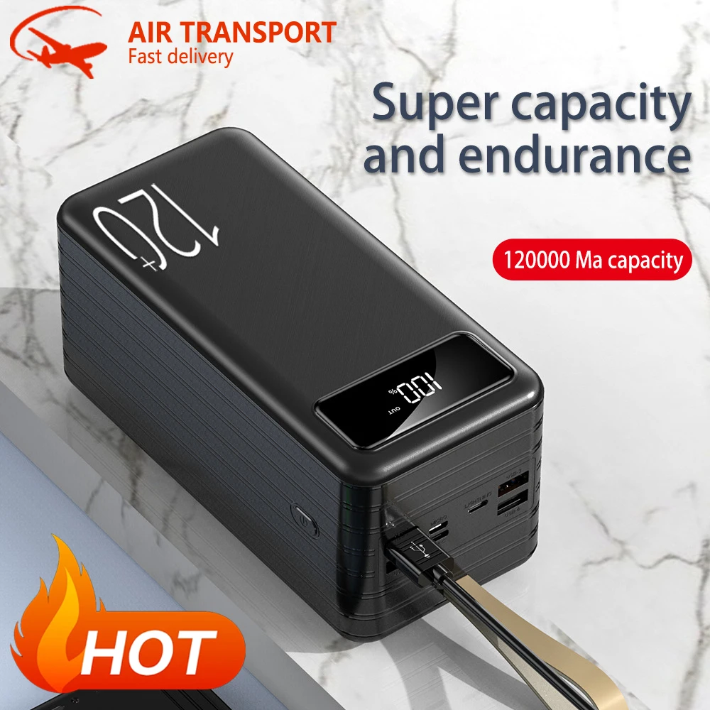 

Lrge Power Bank 120000 mah быстрая зарядка 5V3A мобильный источник питания с цифровым дисплеем, несколько портов зарядки + с подвесной веревкой