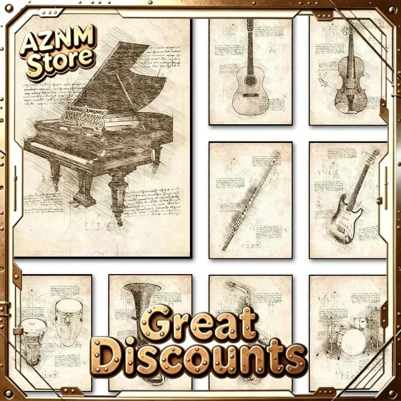 (2D canvas painting)  Inspired Sketch Canvas Painting Poster Musical Instruments Piano Violin Decoration Printing Wall Art Be