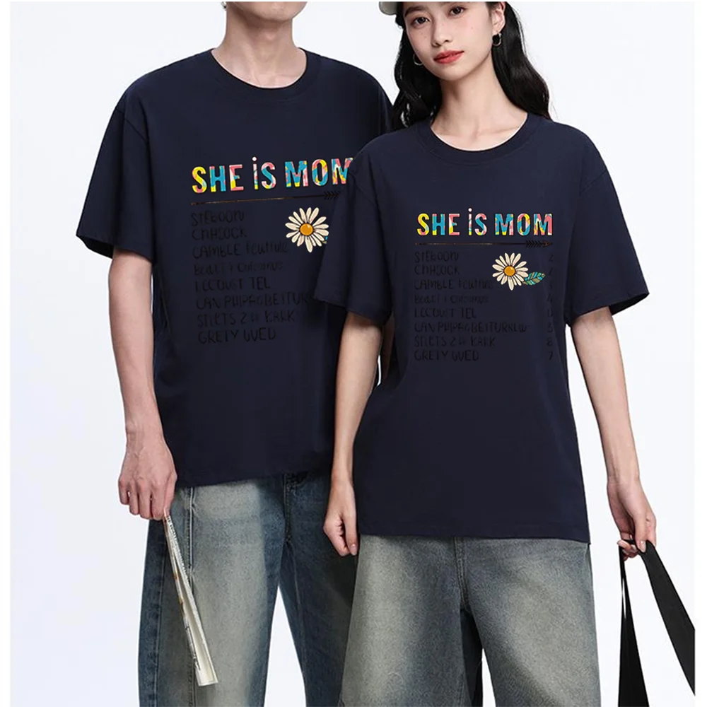 She Is Mom Quote Letter Tee, Daisy Flower Graphic Printed T Shirt, Breathable Fabric, S-XXL, Personalized Custom T Shirt, Casual