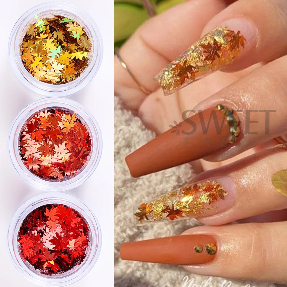 3Pcs Maple Leaf Nail Art Sequin Holographic Golden Red Fall Leaves Sequins Flakes Autumn Winter DIY Manicure Decor Nail Supplies