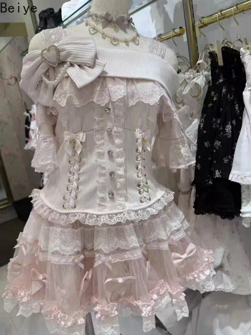 Sweet Lolita Off Shoulder Sweater Women Ruffle Lace Long Sleeve Knit Pullovers with Bow Lady Kawaii Harajuku Japanese Sweater