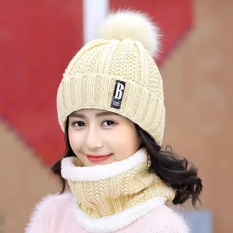 Neck Hat Set Warm Winter Knitted Hat Women Brand High Quality Winter Women Ball Ski Wool Fur Hats Pompoms Hats Knitted Scarf