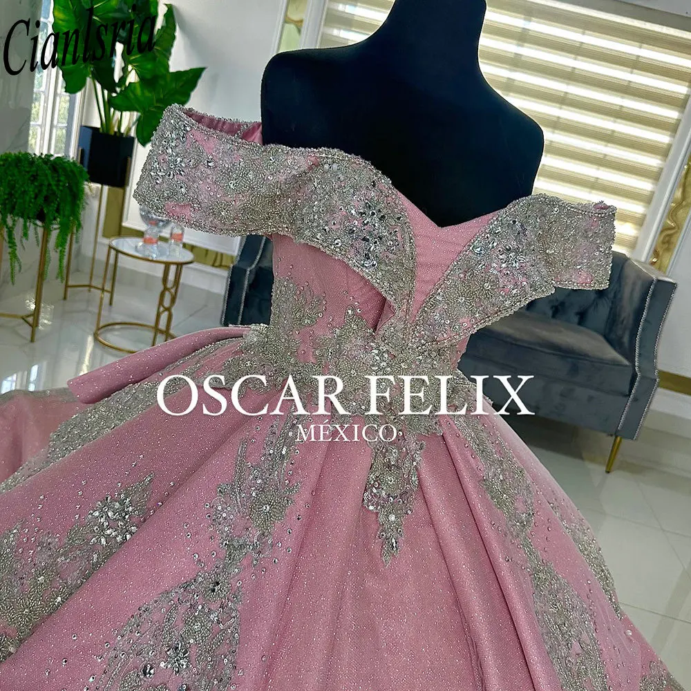 Pink Princess Sequined Appliques Lace Beading Ball Gown Quinceanera Dresses Off The Shoulder Ruffles Corset Vestidos De 15 Años