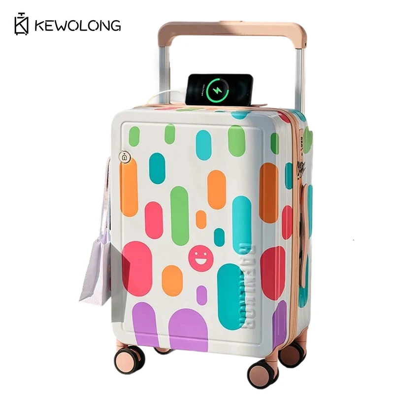 

Multi-Function Carry On Luggage with USB Port, Cup Holder, TSA Lock & Phone Stand, Cute Colorful Dot Design Travel Suitcase
