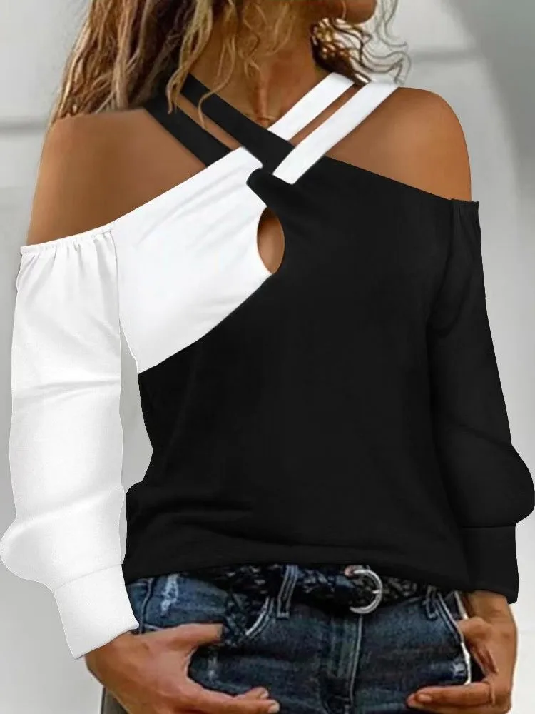 Casual Patchwork T Shirt Tops For Women Fashion Sexy Halter Off Shoulder Long Sleeve Black White Tee Shirt Femme Streetwear New