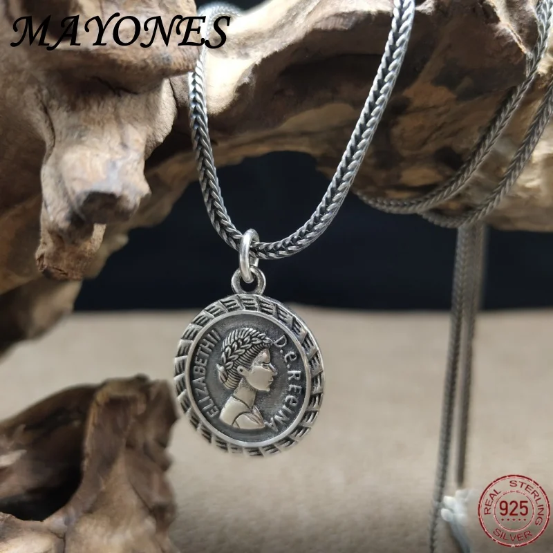 New S925 Sterling Silver Human Head Pendant for Men's Retro Trendy Hip Hop Style Necklace Round Label Pendant