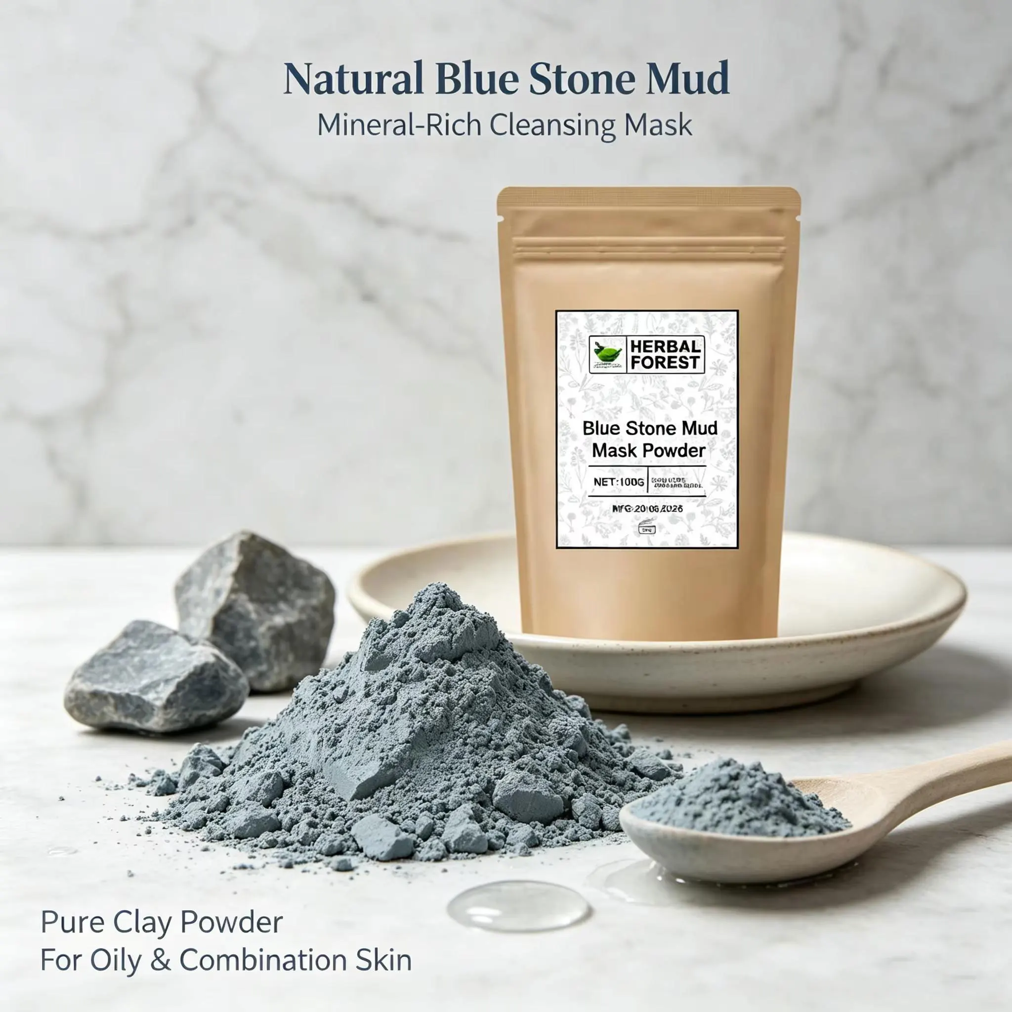 HERBAL FOREST Blue Stone Mud Mask Powder Natural Mineral Deep Cleansing Clay Mask Oil Control Shrink Pores Purifying Mud Mask Fa