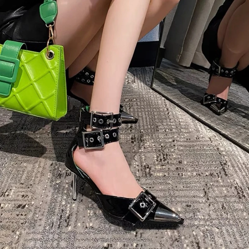 ￡18.58 | Punk Style High Heels Female Black Pointed Metal Buckle Thin with Cool Handsome Riveted Sandals Female Summer 2024 New