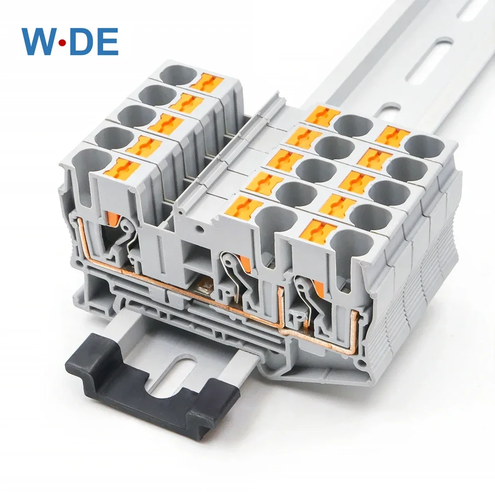 

10Pcs PT 6-TWIN Terminal Block Din Rail Mount 3 Conductors Push In Spring Screwless Connection Feed Through Wire Conductor