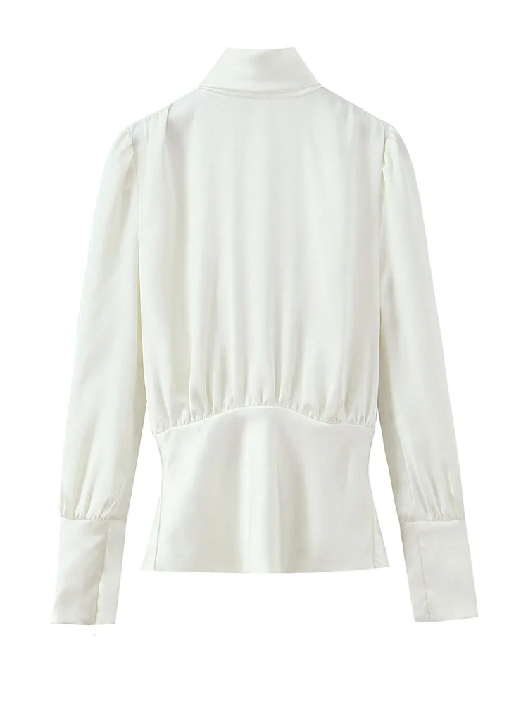 HH Women Fashion 2025 Elegant Silk Satin Bow Decorated Backless Shirt Female Temperament Casual Solid High Neck Long Sleeve Top