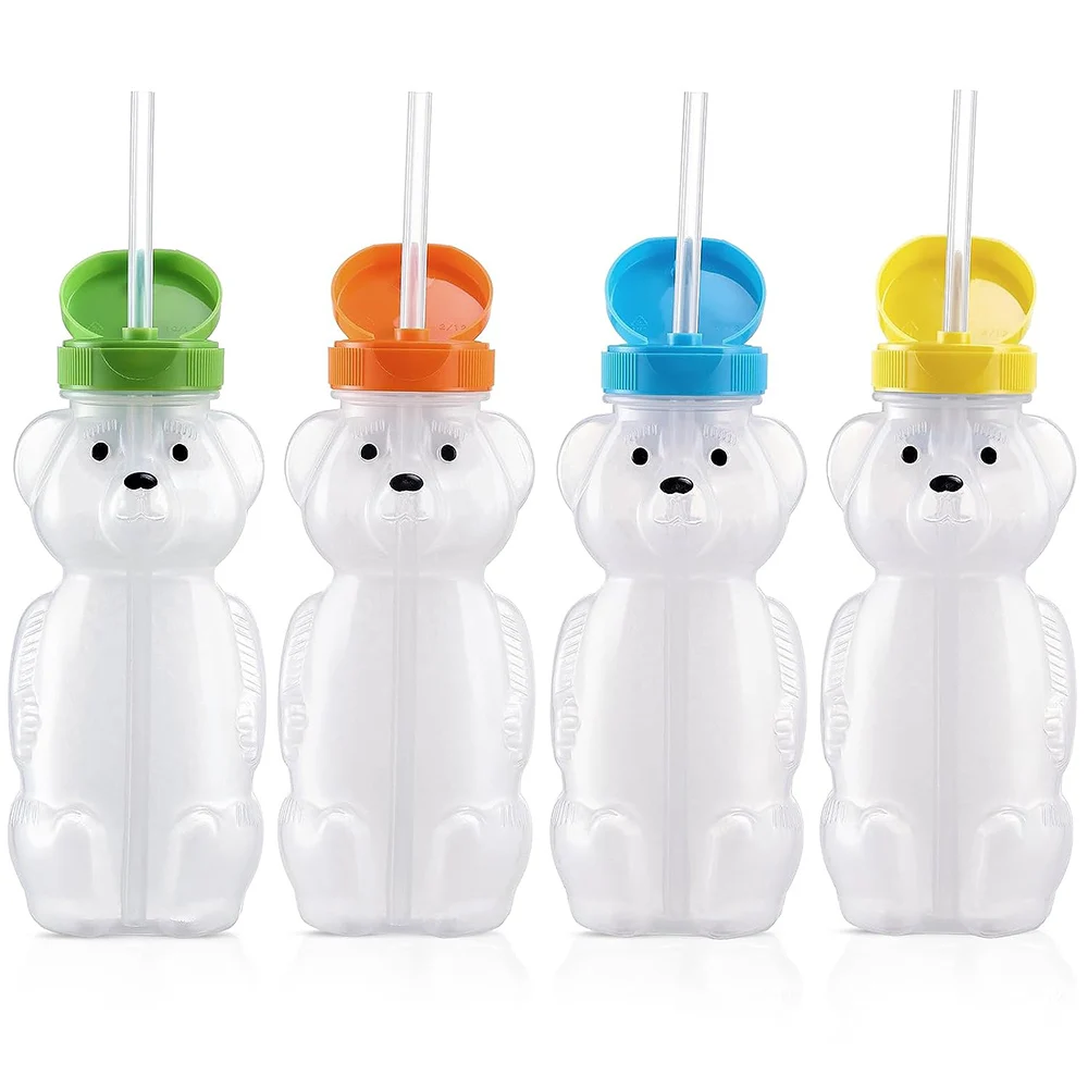 2Pcs Honey Bear Straw Cups for Babies with 2 Flexible Straws 8 OZ Sippy Bottles Food-Grade & BPA Free