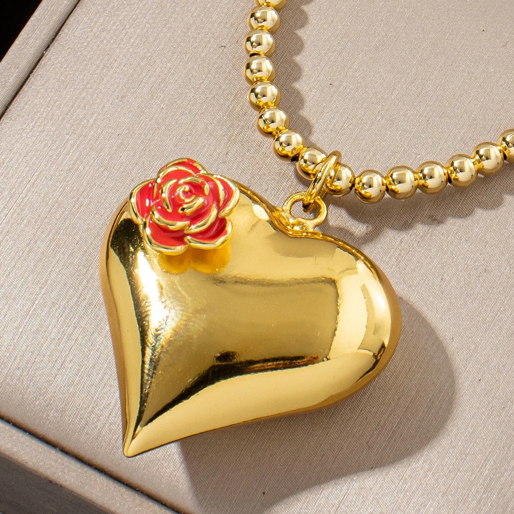 2-teiliges vergoldetes Halsketten- und Ohrring-Set mit roter Emaille-Rose, dreidimensionales Herz-Schmuckzubehör für Frauen, für den täglichen Gebrauch, Geschenke – Detail 5