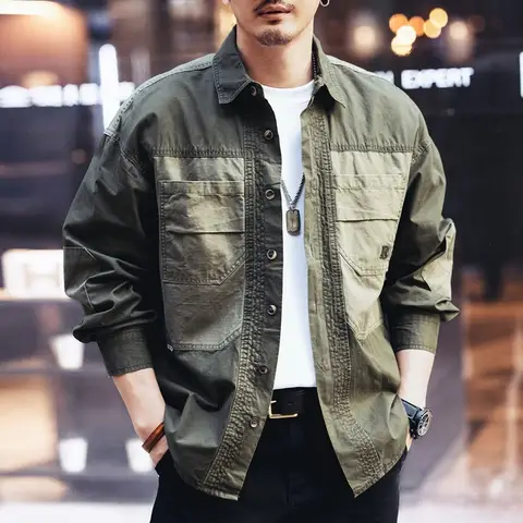 Chemise à manches longues pour homme, style américain, patchwork, vêtement de travail, décontractée, ample, streetwear.