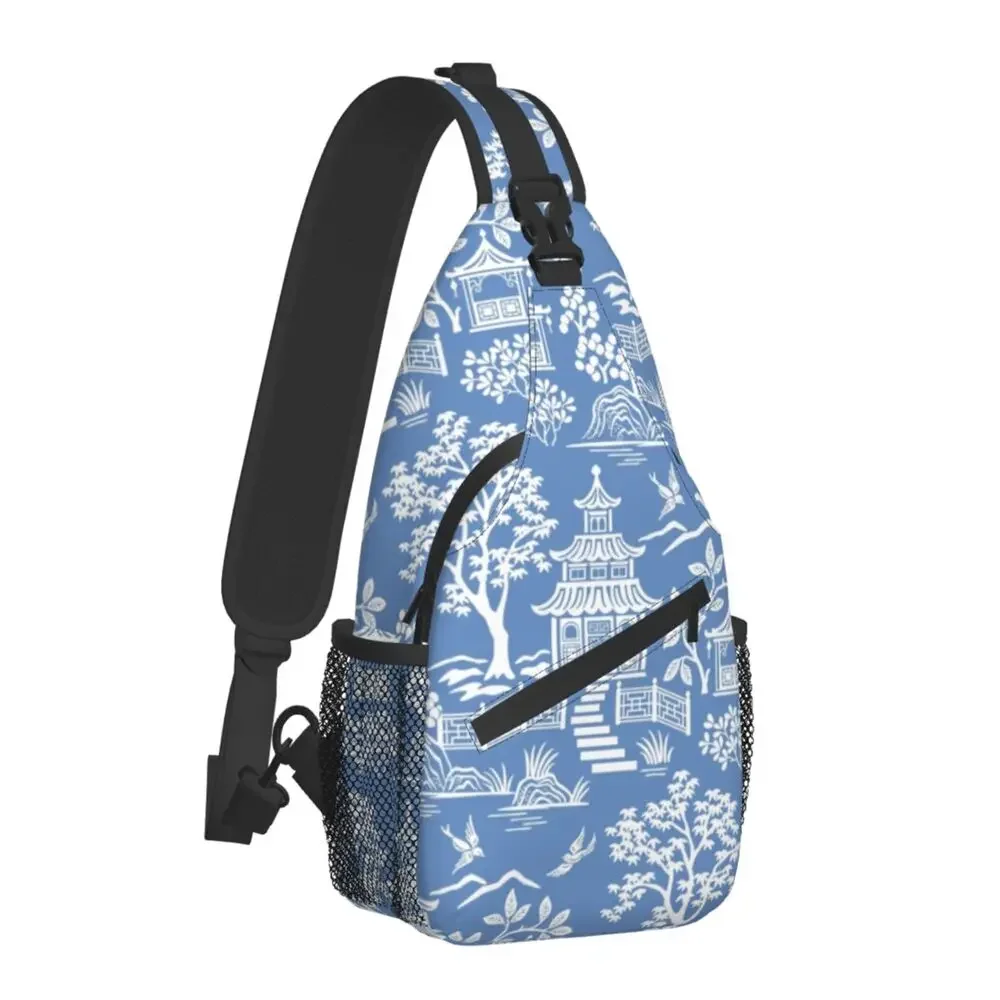 Chinoiserie Pagoda Ancien Blue Delft Willow Sling Bags for Cycling Camping Men Oriental Style Crossbody Chest Backpack Daypack