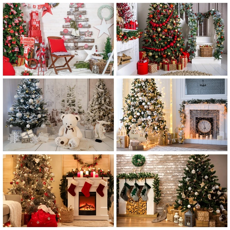 

Christmas Party Photography Backdrop Xmas Tree Gifts Fireplace Baby Photo Photographic Background Photo Studio Photocall Props