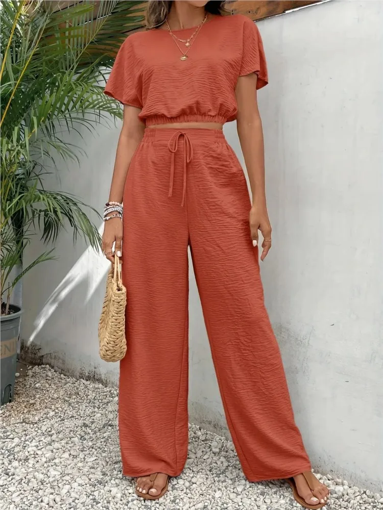 Summer Fashion Two Piece Sets For Women O-neck Back Button Crop Top + Drawstring Long Pants Sets Office Lady Solid Color Suit