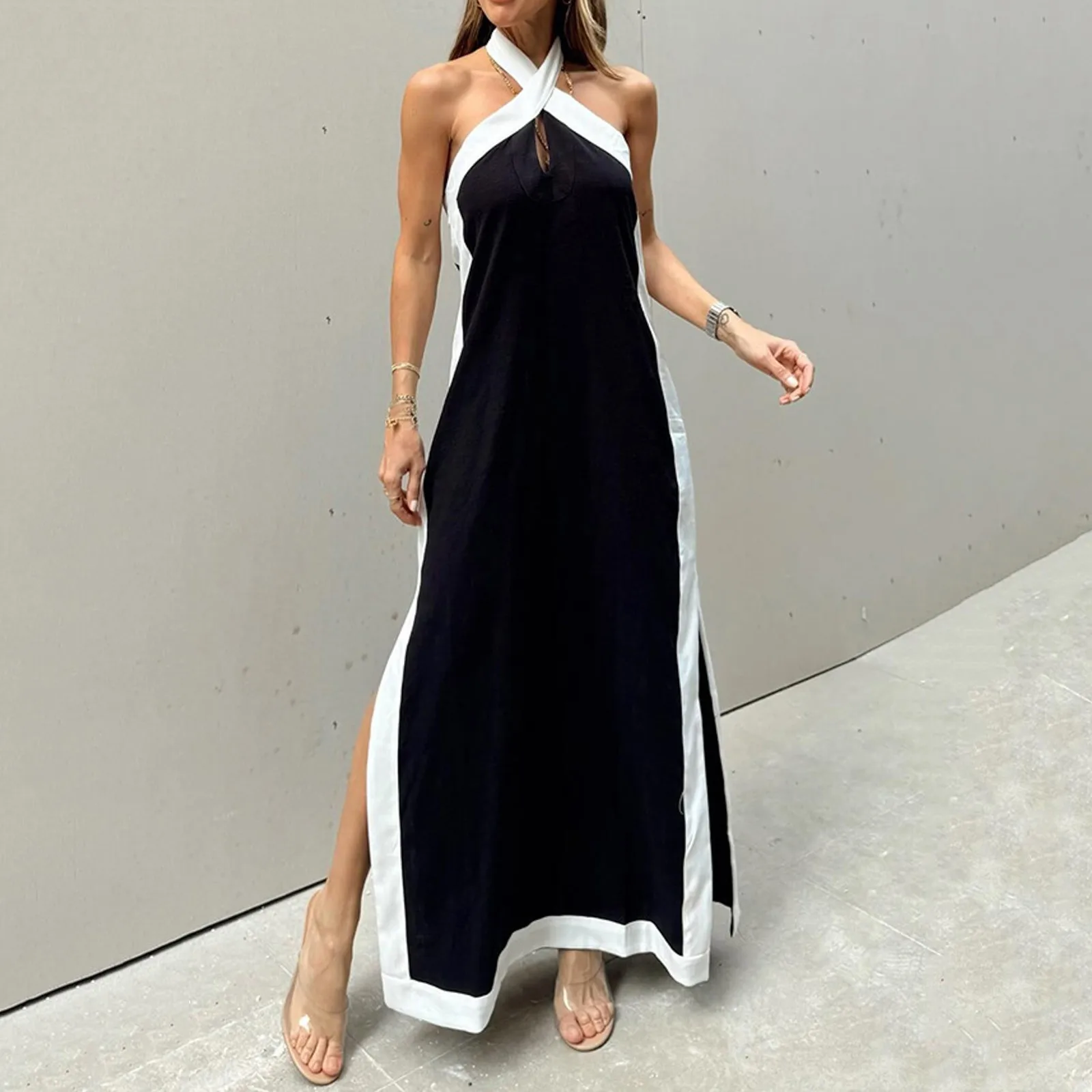 Women's Casual Dress Fashion Summer Casual Loose Hanging Neck Split Style Backless Summer Beach Sundress Vacation Vestidos