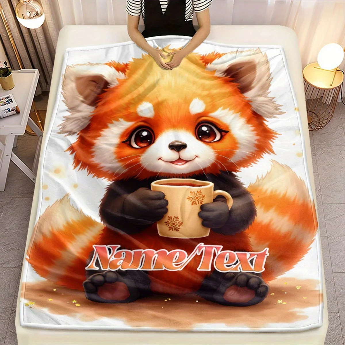 Personalized Custom Name Red Panda & Cup Pattern HD Print Blanket Soft Flannel Throw for Travel Living Room Office Couch Bed